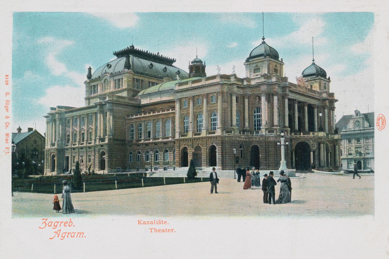 Hrvatsko narodno kazalište (HNK) oko 1905. godine, kolorirana razglednica